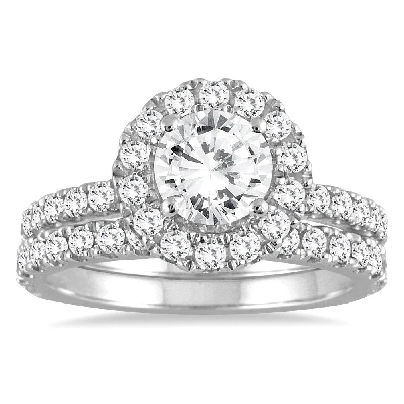 AGS Certified 2 Carat TW Diamond Halo Bridal Set in 14K White Gold (J-K Color, I2-I3 Clarity)