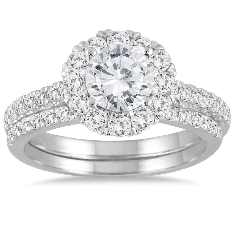 AGS Certified 2 Carat TW Diamond Halo Bridal Set in 14K White Gold (J-K Color, I2-I3 Clarity)