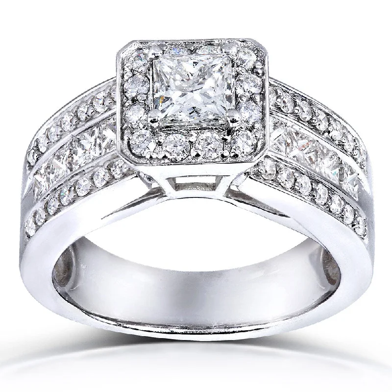 Annello 14k White Gold 1 2/5ct TDW Princess Shape Diamond Halo Ring