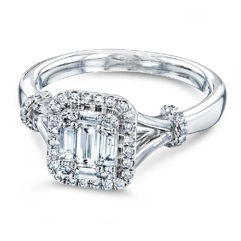 Annello by Kobelli 10k White Gold 1/2 Carat TDW Rectangular Clustuer Baguette Diamond Halo Split Shank Bow Accent Ring