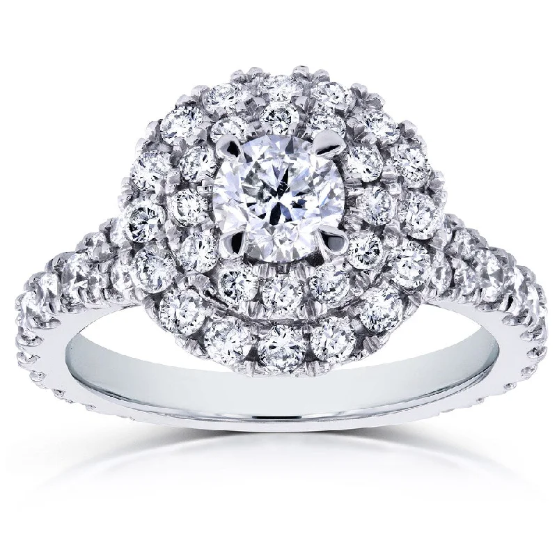 Annello by Kobelli 14k White Gold 1 3/4ct TDW Round Diamond Double Halo Cluster Cathedral Ring