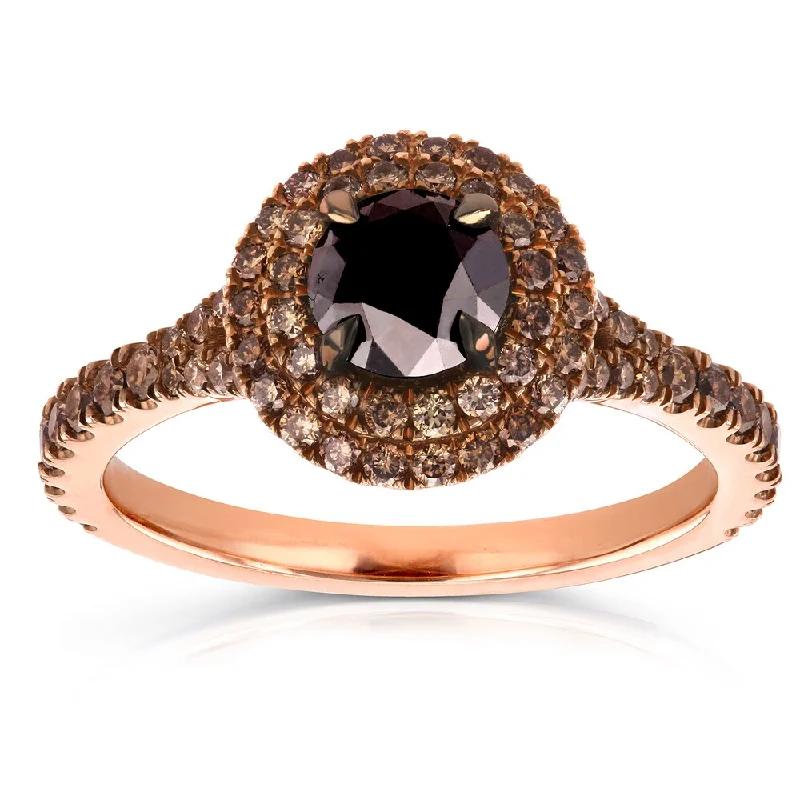 Annello by Kobelli 18k Rose Gold 1 1/2ct TDW Round Black and Champagne Diamond Double Halo Ring