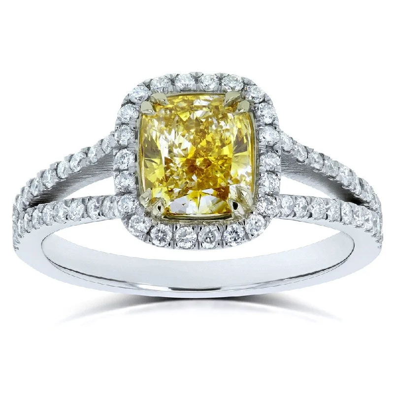 Annello by Kobelli 18k Two Tone Gold 1 3/5ct TDW GIA Certified Fancy Vivid Yellow Cushion Diamond Halo Split Shank Ring