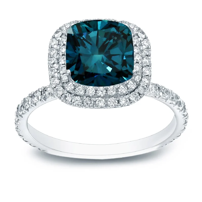 Auriya 18k Gold 3 carat TW Cushion-cut Halo Blue Diamond Engagement Ring