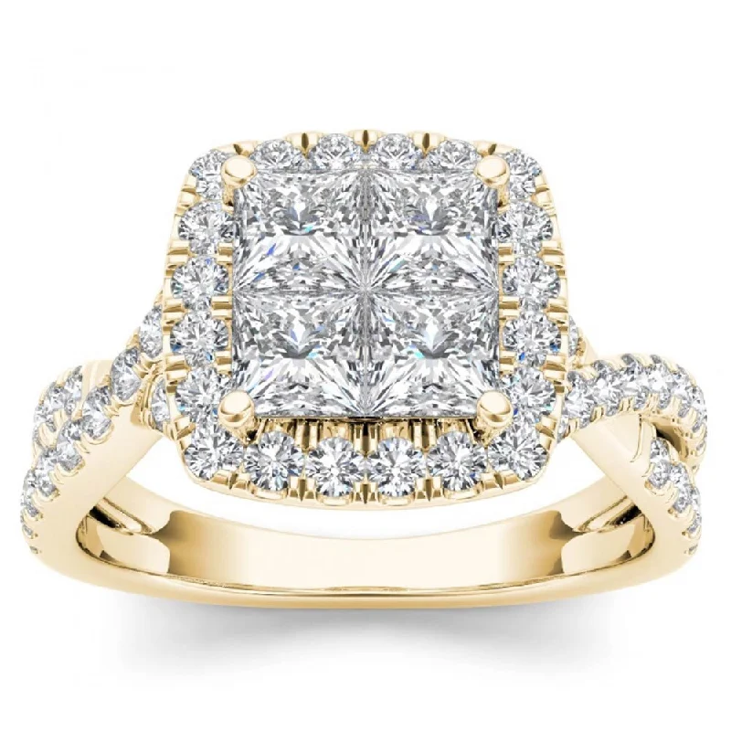 De Couer 14k Yellow Gold 2ct TDW Diamond Twist Shank Halo Ring