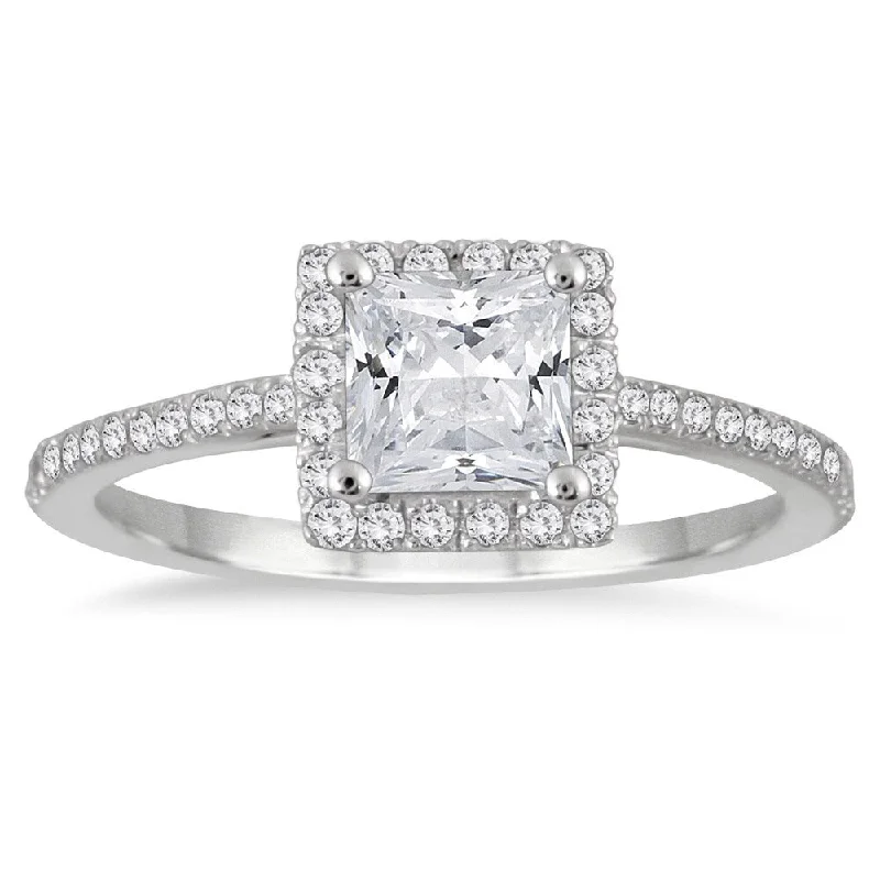 Marquee 14k White Gold 1ct TDW Princess-cut Diamond Halo Ring