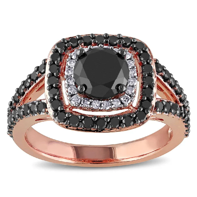 Miadora 14k Rose Gold 2ct TDW Black and White Diamond Double Halo Ring