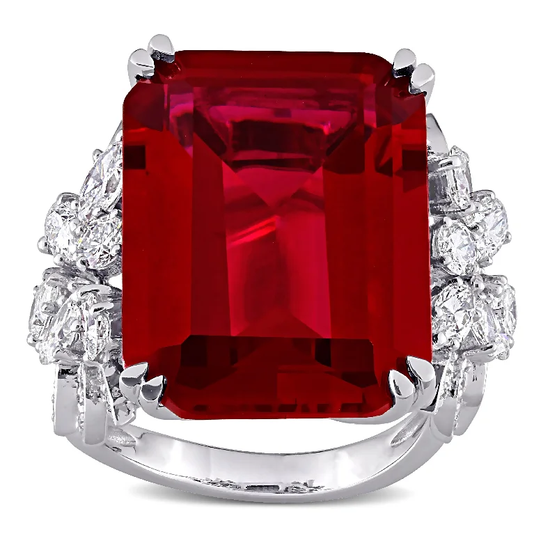 Miadora 14k White Gold 27ct TGW Created Ruby & 1 3/4ct TDW Multi-cut Diamond Cocktail Ring