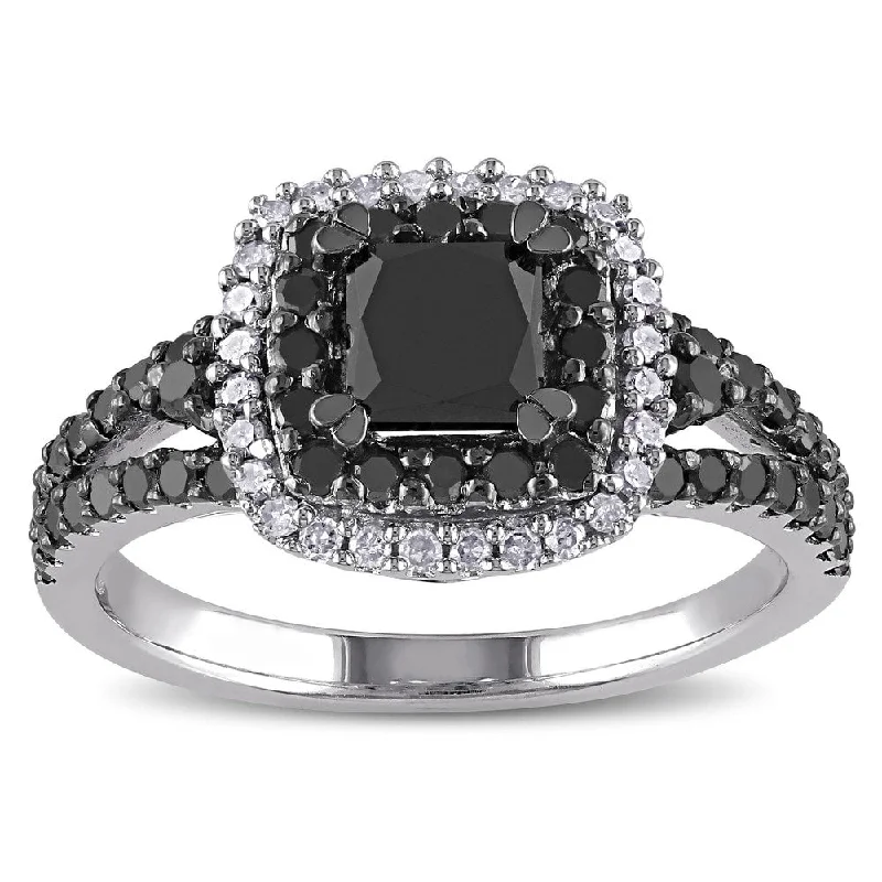 Miadora Sterling Silver 1 1/2ct TDW Princess and Round-cut Black and White Diamond Halo Split Shank