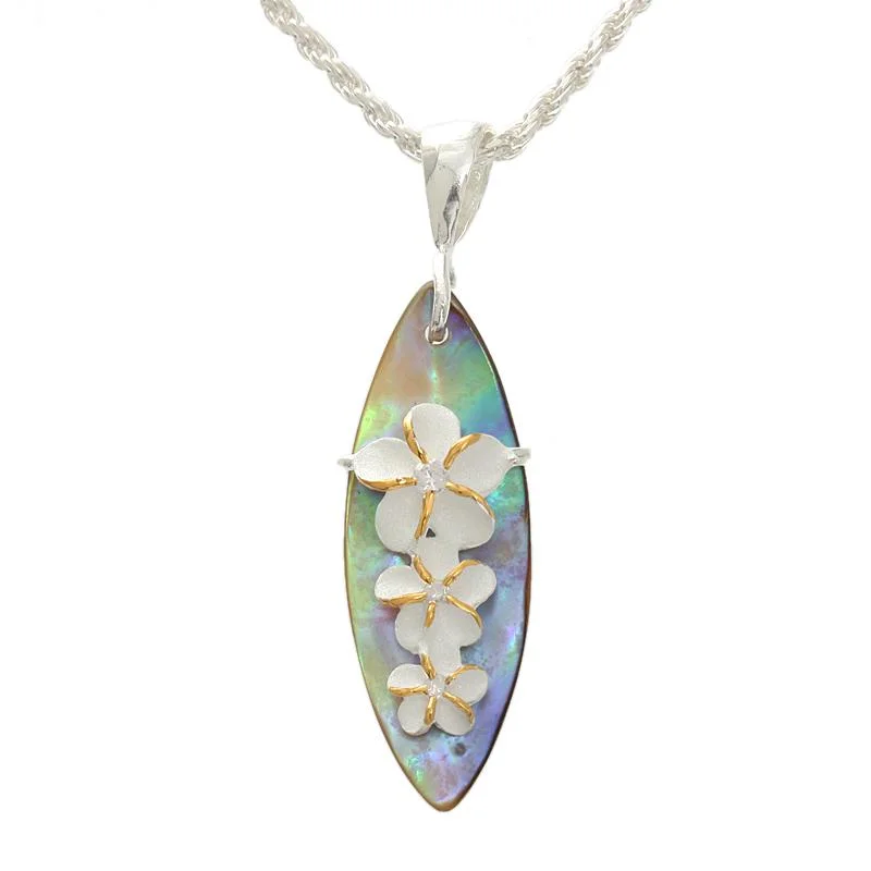 Star-shaped pendants for dreamersSterling Silver Two Tone Yellow Gold Plated Plumeria with CZ and Abalone Shell Surfboard Pendant (Chain Sold Separately)