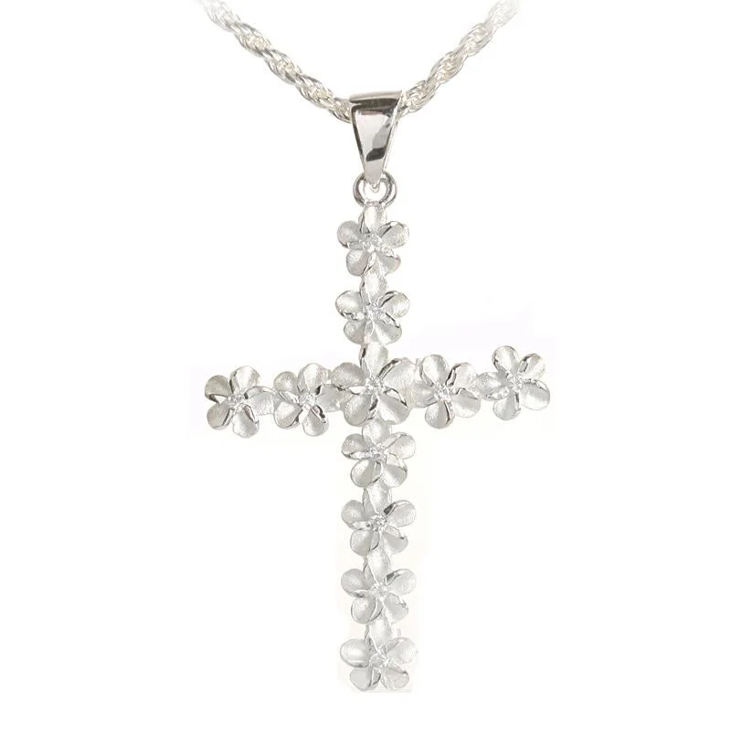 Initial letter necklaces for personalized styleSterling Silver 11 Plumeria with CZ Sandblast Finish Cross Pendant (Chain Sold Separately)