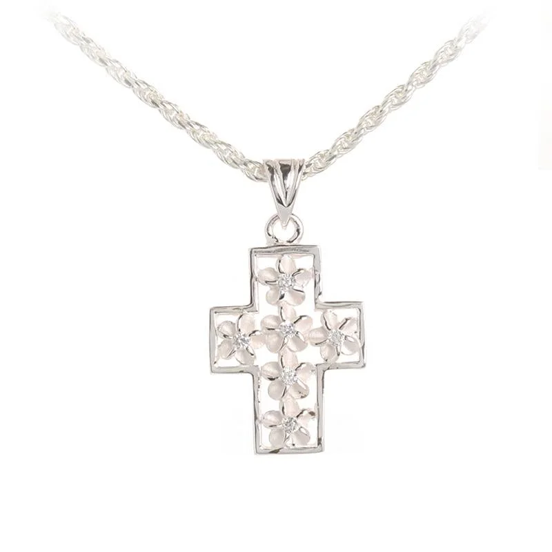 Affordable sterling silver necklaces for teensSterling Silver 4mm Plumeria with CZ and Border Cross Pendant (Chain Sold Separately)