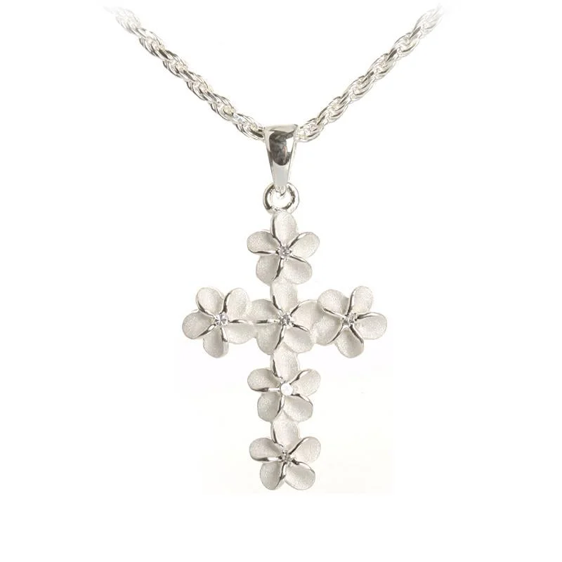 Layered chain necklaces for everyday wearSterling Silver 6mm Plumeria with CZ Cross Pendant (Chain Sold Separately)