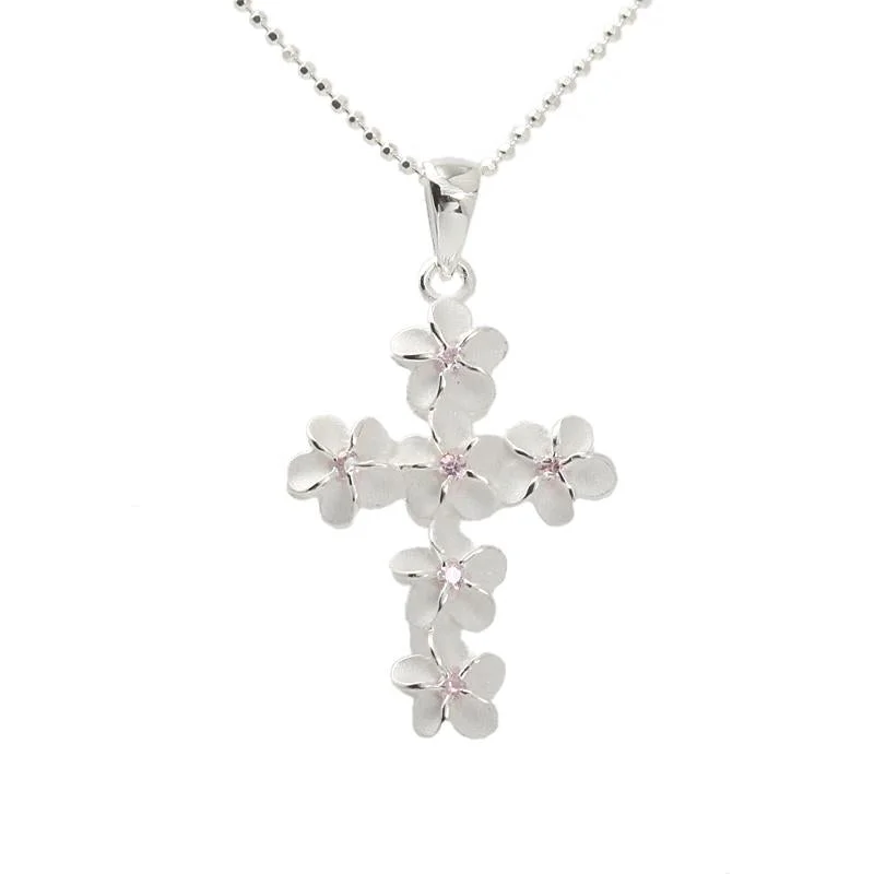 Minimalist pendant necklaces for bridesmaidsSterling Silver 6mm Plumeria with Pink CZ Cross Pendant (Chain Sold Separately)