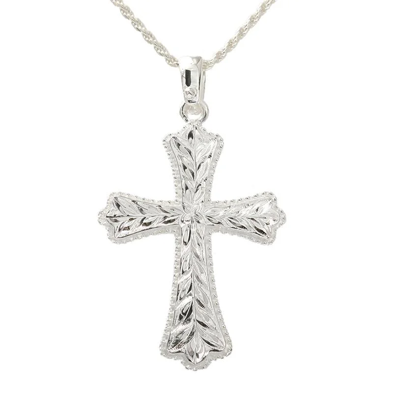 Cross pendant necklaces for religious giftsSterling Silver Cross with Maile Leaf Engraved Pendant (Chain Sold Separately)