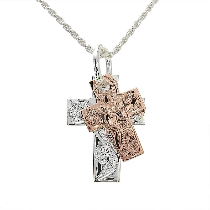 Star-shaped pendants for dreamersSterling Silver Two Tone Pink Gold Plated Hawaiian Scroll Double Cross Pendant (Chain Sold Separately)