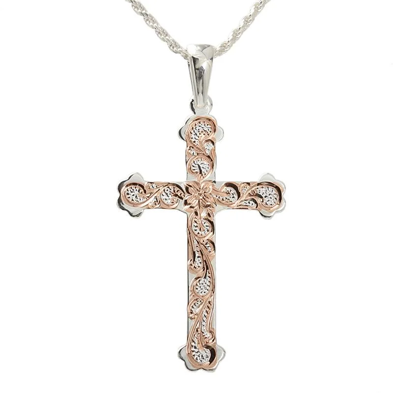 Minimalist geometric pendants for everyday wearSterling Silver Two Tone Pink Gold Plated Hawaiian Scroll Cross Pendant (Chain Sold Separately)