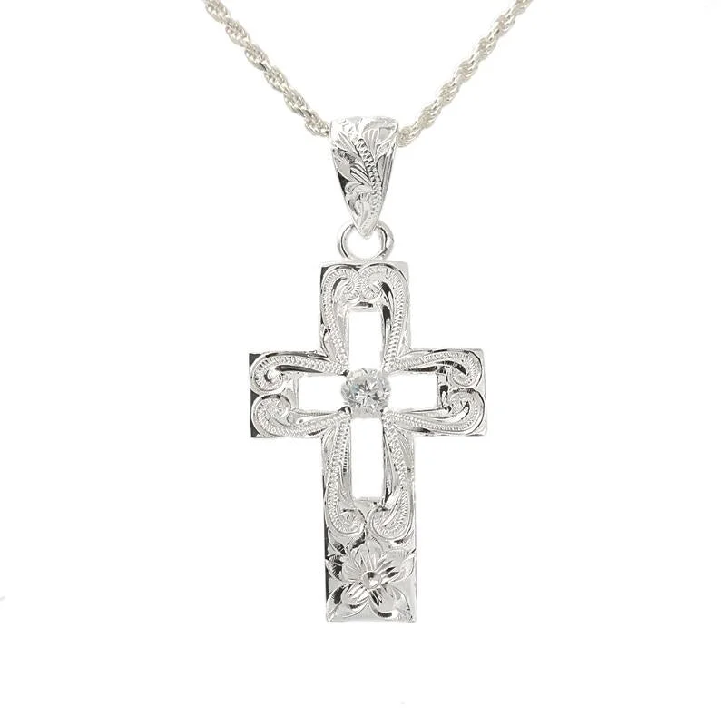 Custom fingerprint pendants for sentimental giftsSterling Silver Hawaiian Scroll Hollow Cross with CZ Pendant (Chain Sold Separately)