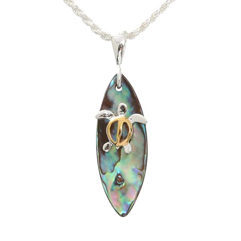 Stainless steel pendants for durabilitySterling Silver Two Tone Yellow Gold Plated Honu (Turtle) and Abalone Shell Surfboard Pendant (Chain Sold Separately)