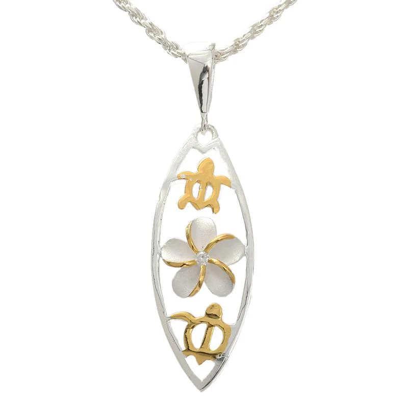 Birth flower pendants for unique styleSterling Silver Two Tone Yellow Gold Plated Plumeria with CZ and 2 Honu (Turtle) Surfboard Pendant (Chain Sold Separately)