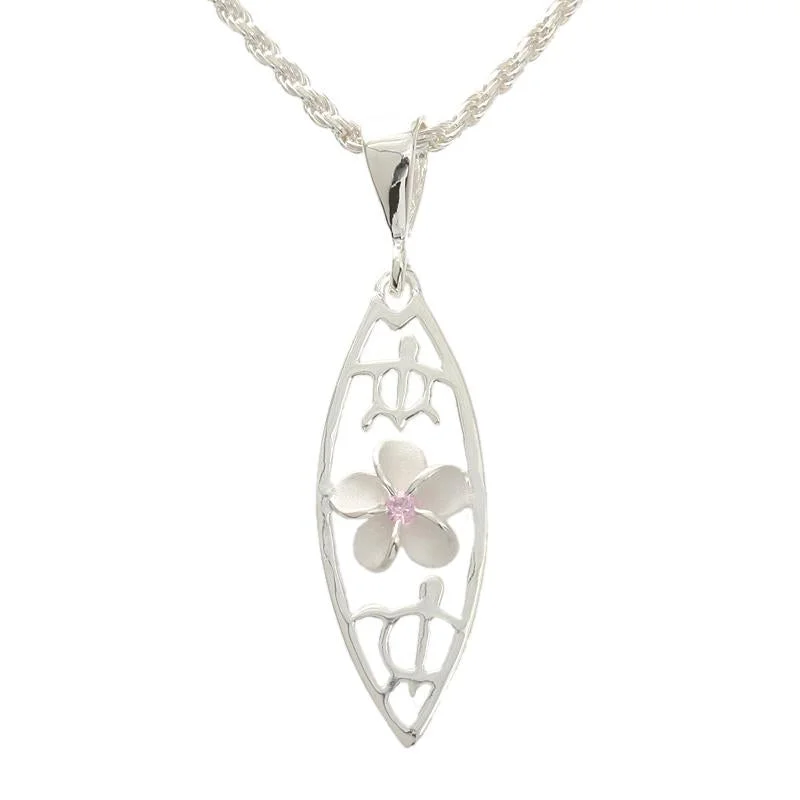 Statement gemstone necklaces for partiesSterling Silver Plumeria with Pink CZ and 2 Honu (Turtle) Surfboard Pendant (Chain Sold Separately)