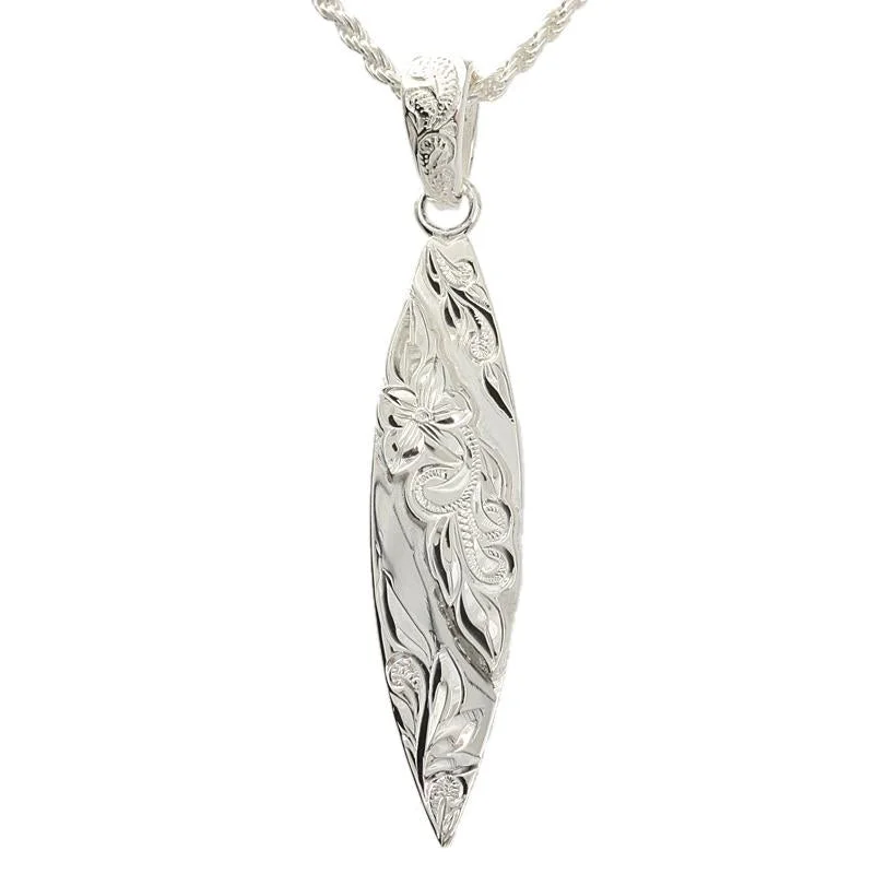 Stainless steel pendants for durabilitySterling Silver Raised Hawaiian Scroll Surfboard Pendant (Chain Sold Separately)