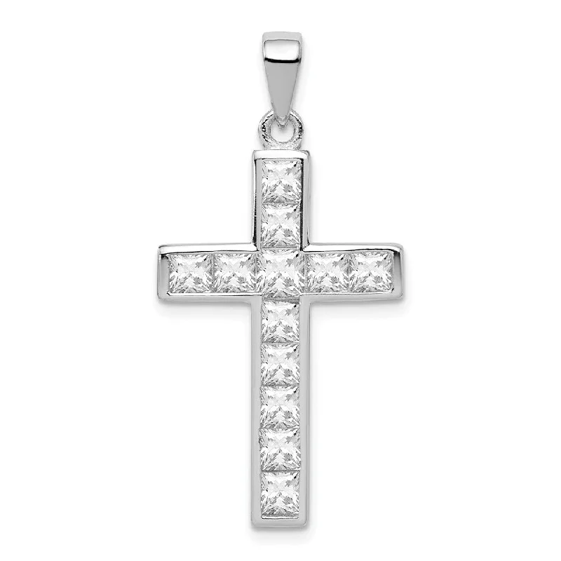 Initial letter pendants for personalized necklacesRhodium-Plated Sterling Silver Princess Cut CZ Cross Pendant, 17x36mm