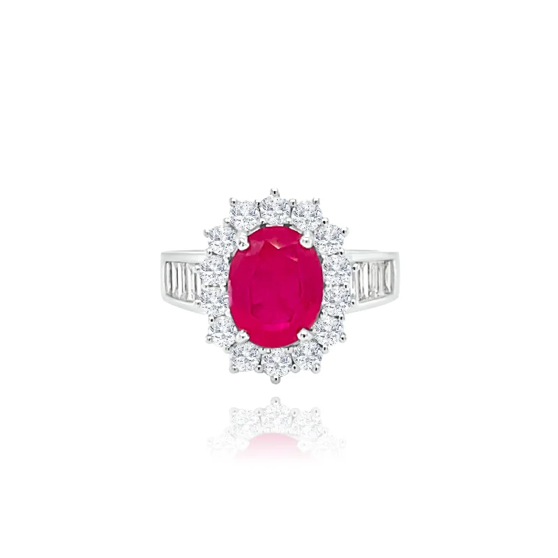 Angel wing pendants for memorial jewelryOval Ruby with Baguette cut & Brilliant cut Diamonds “Anna” Ring